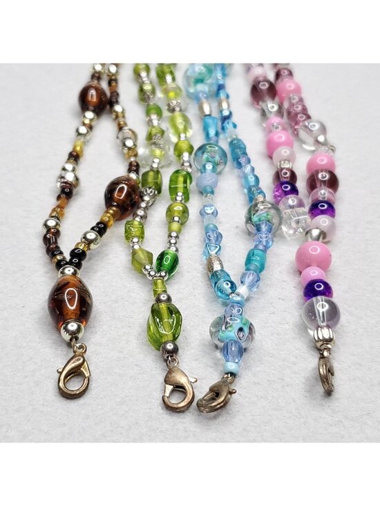 Estate Jewelry - Beaded Lanyard Necklace Badge ID Holder Pink Blue Green Brown Glass Lot Of 4